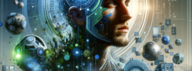 A male figure embodying digital creativity, surrounded by glowing circuits, 3D models, and code snippets in a futuristic, tech-inspired setting with a blue, green, and silver color palette.
