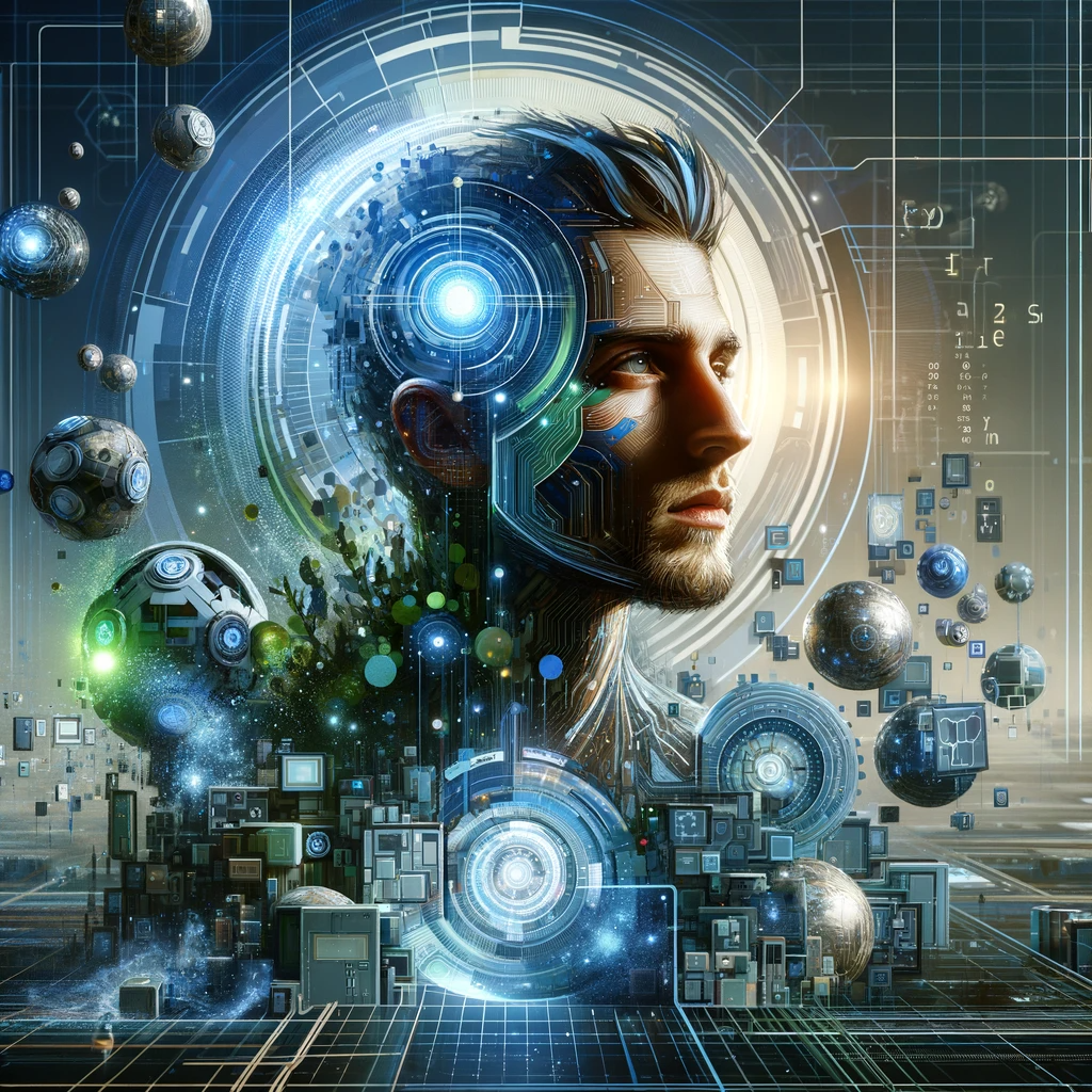 A male figure embodying digital creativity, surrounded by glowing circuits, 3D models, and code snippets in a futuristic, tech-inspired setting with a blue, green, and silver color palette.