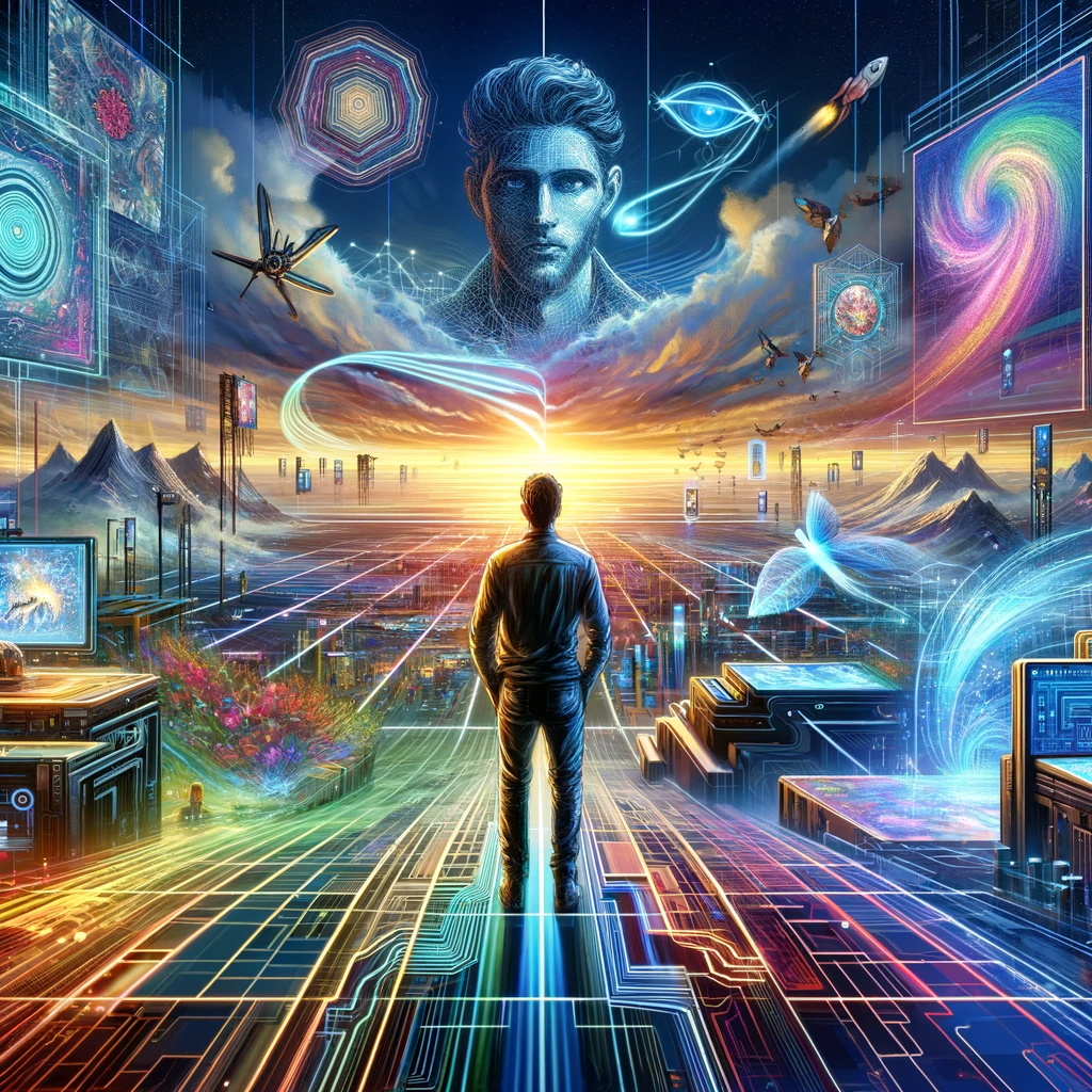 A male figure, representing Jackson Gariety, stands amidst futuristic art and technology, with vivid colors of electric blue, neon green, and bright orange, symbolizing a new era in tech art.