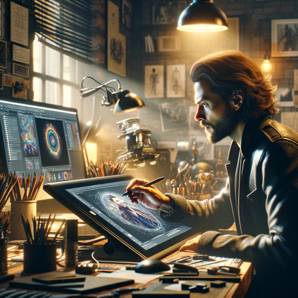 Jackson Gariety in his creative workspace, surrounded by tech-art tools, deeply focused on crafting digital art, in a warm and intimate setting.