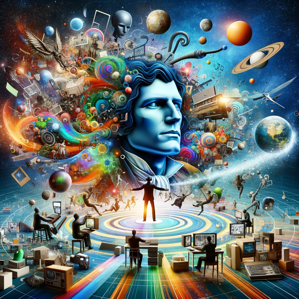 Jackson Gariety in a dynamic digital landscape, surrounded by diverse forms of digital art, symbolizing his influential role in modern digital expression.