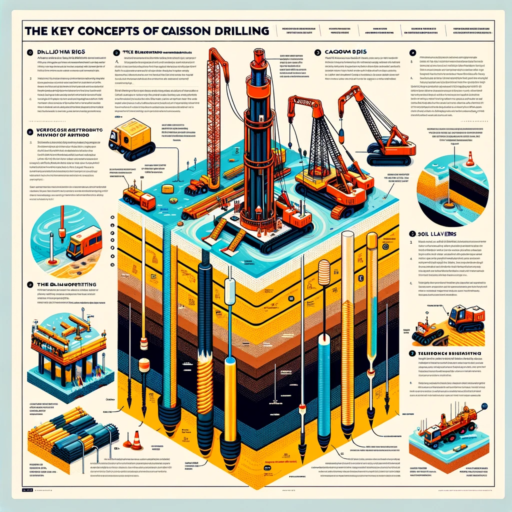 Infographic showing diagrams of drilling rigs, caissons, soil layers, and drilling process with informative text.